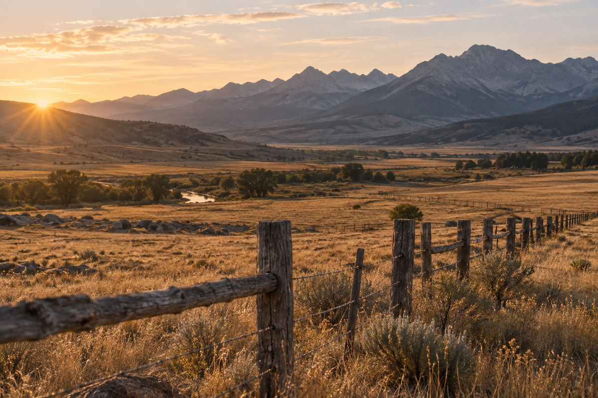 Sunrise over open ranch country and rugged mountains