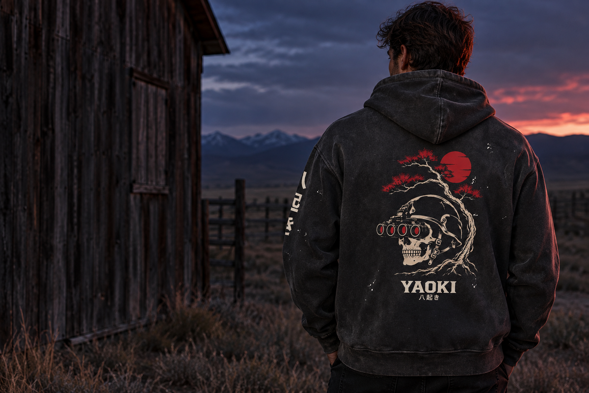 YAOKI Yurei hoodie campaign at a ranch at dusk
